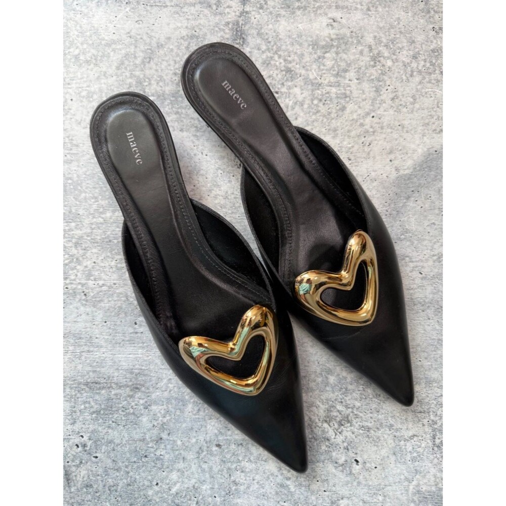 Maeve Black Pointed Leather Mules with Gold Heart Accent